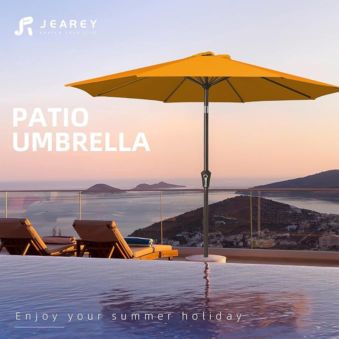JEAREY 9FT Outdoor Patio Umbrella Outdoor Table Umbrellas with Push Button Tilt and Crank, Market Umbrella 8 Sturdy Ribs UV Protection Waterproof for Garden, Deck, Backyard, Pool (Sun Orange)