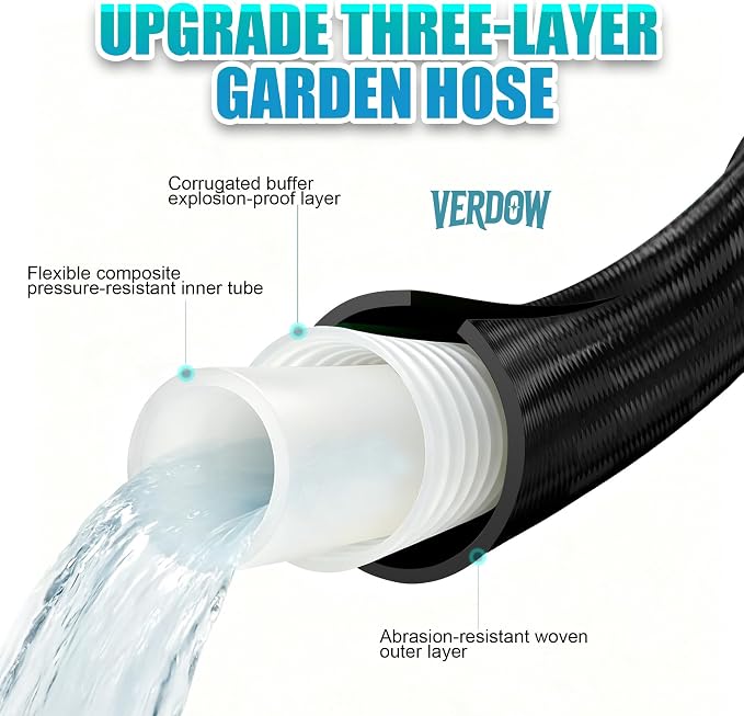 Garden Hose 100 ft, Non-Expandable Lightweight Water Hose, 360° Swivel Fittings, 10-Pattern Spray Nozzle Flexible Hose for Yard, Lawn, Ourdoor Ues