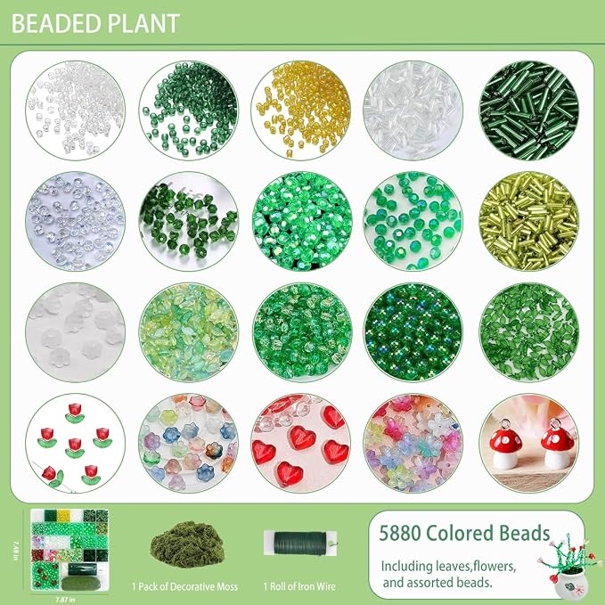 Green Glass Beads Beaded Plant Kit, 5880pcs DIY Leaf Flower Beads for Plant DIY Crafts and Jewelry Making Hanging Suncatchers Crystal Forever Plants with Tutorials Garden Decor Gifts for Adults