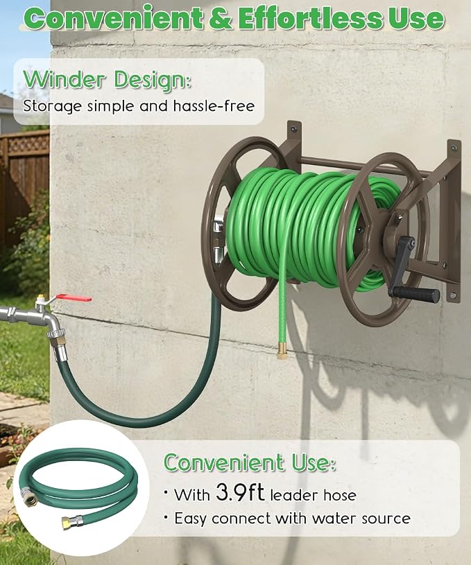 Garden Hose Reel Wall Mounted, Heavy-Duty Water Hose Holder Winder with 3.9 ft Leader Hose & Brass Fitting, Hose Hanger Storage Rack Holds 125-Feet of, 5/8-Inch, for Yard Lawn Farm, Brown