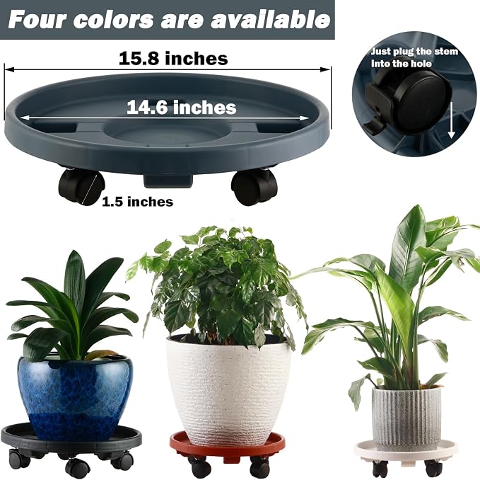 5 Pakcs Large Plant Caddy with Wheels 15.8" Rolling Plant Stands Heavy-duty Plastic Plant Roller Base Pot Movers Plant Saucer on Wheels Indoor Outdoor Plant Dolly with Caster Tray Coaster Grey