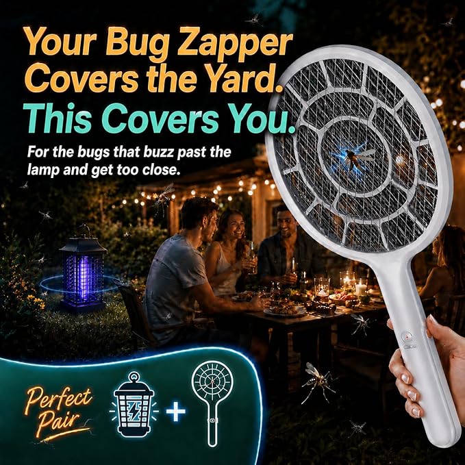 YsChois Electric Fly Swatter, Bug Zapper Companion, Mosquito Killer Racket | Gold Zone Voltage, 3mm Mesh, Apple-Like Weight, AA Battery Operated (not incl), Pro Swat Tips for Indoor & Outdoor, 2 Packs
