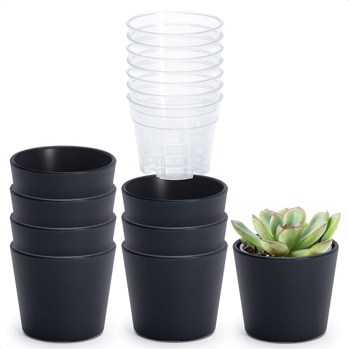 Phoenix Vine 3.5 Inch Black Plastic Cachepot with Clear Nursery Pot, Decorative Lightweight Planter Cover with Transparent Inner Pot for Indoor Houseplants, Pack of 8, 24-A-E-8