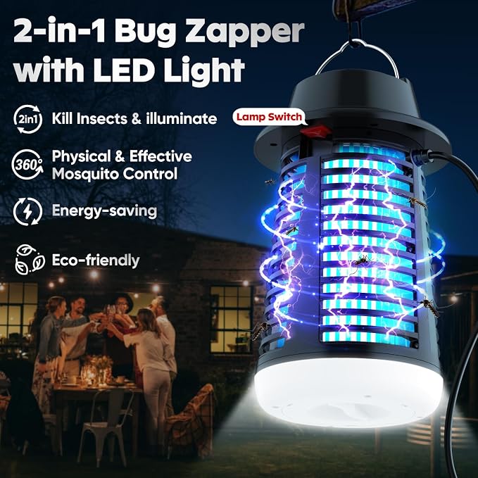 Bug Zapper, Mosquito Zapper with LED Light, Bug Zapper Outdoor Indoor- 4200V Electric Fly Trap with 5.9ft Cable, Fly Zapper Indoor, Mosquito Repellent Outdoor Patio and Backyard, Home, Camping