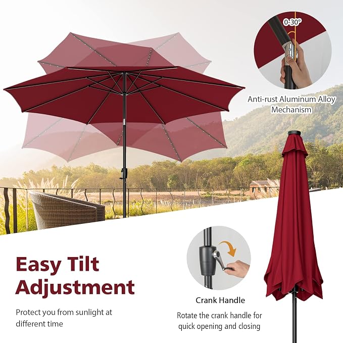 HAPPYGRILL 10 FT Solar Patio Umbrella with 112 LED Light, Outdoor Umbrella with Tilt Adjustment, Crank System, 8 Metal Ribs & Vented Top, Deck Table Market Umbrella for Garden Pool Deck Yard