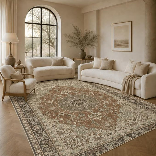 10x14 Area Rugs Washable Large Vintage Rug for Living Room Bedroom | Farmhouse Boho Floral Neutral Washable Stain Resistant Indoor Carpet for Bedroom Office and Home Decor (Brick&Brown)