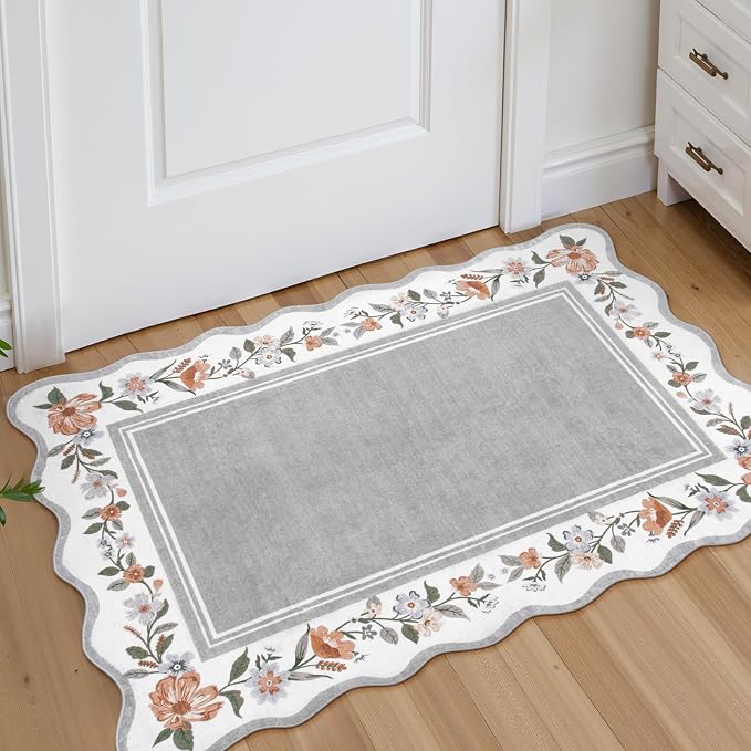 Lahome Floral Entryway Rug 2x3, Non-Slip Scalloped Kitchen Rug | Ultra-Thin Washable Door Mat Indoor Entrance Stain Resistant, Boho Throw Rugs for Bathroom Bedroom Ariele Grey