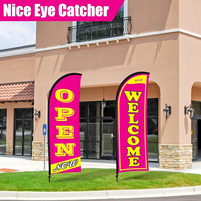 Buryeah 2 Sets Now Open Flag Banner for Business Advertising 7 ft Feather Flag Sign with Flagpole Ground Stake Portable Bag (Hot Pink)