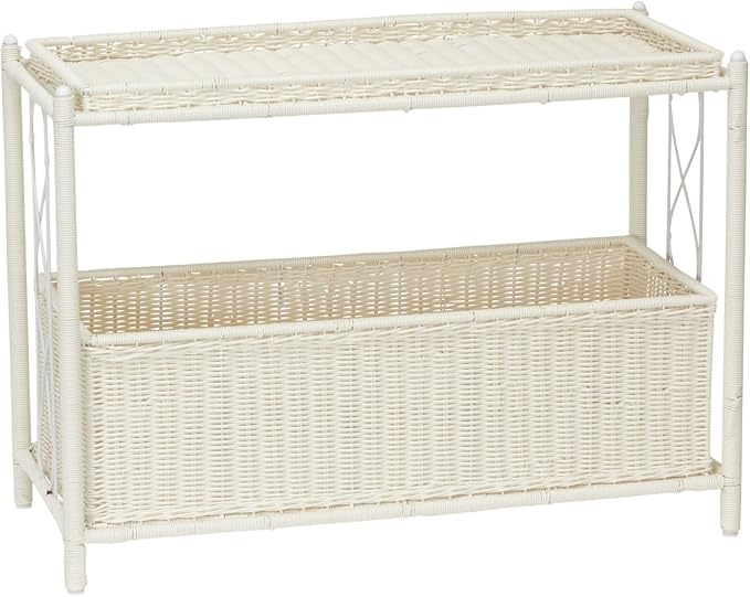 Household Essentials Raised Two‑Tier Plant Stand with Interchangeable Shelves, Resin Woven Planter and Tray, White