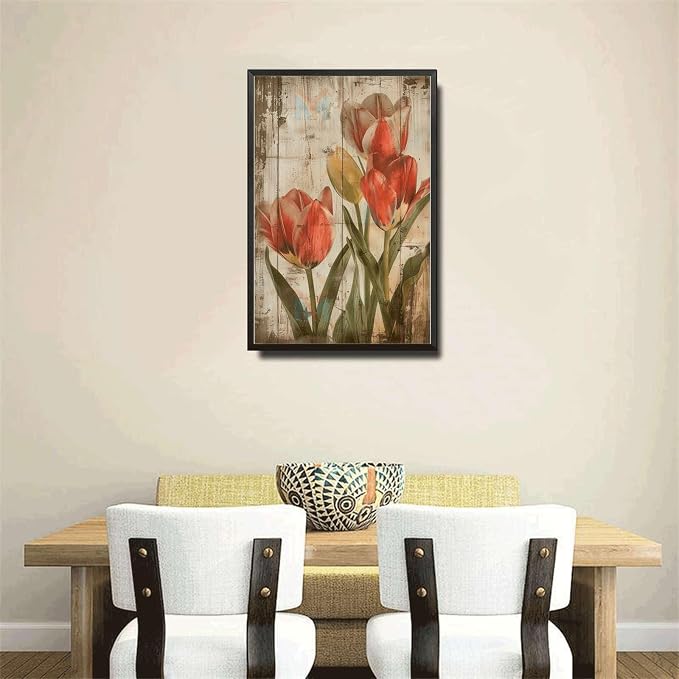 Metal Sign Tin Sign Vintage Shabby Chic Tulips Tin Sign for Rustic Elegance Vintage Style and Distressed Wood Panels Funny Bathroom Wall Decor for Restaurant 8×12 Inches with Metal Frame