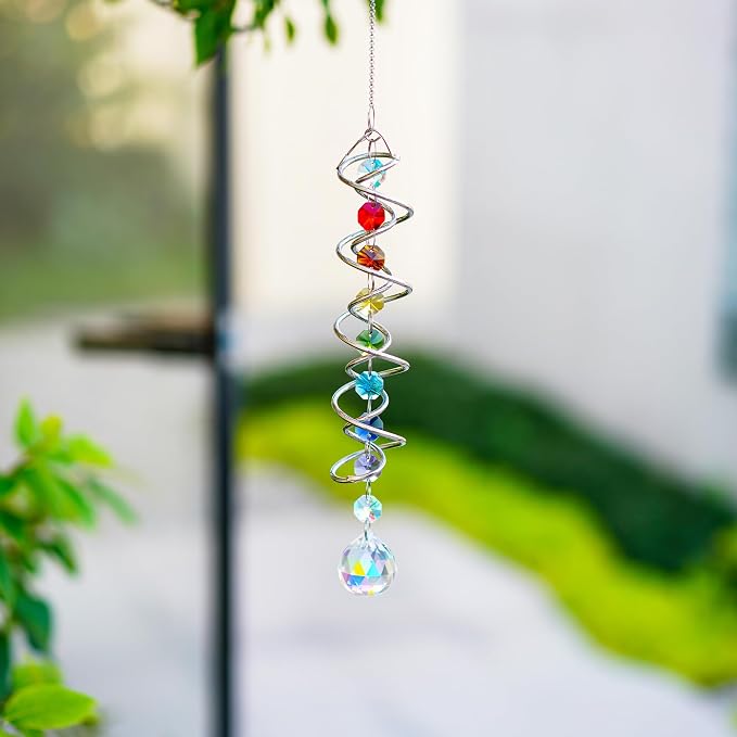 20.5in Crystal Sun Catcher with Chakra Beads Wind Spinner Decor | Crystal Sun Catcher Hanging with Seven Chakra Beads and Spiral Tail Wind Spinner for Window Indoor Garden Christmas Decor