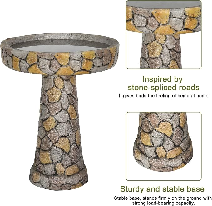 SKYFIRE 24" H Outdoor Bird Bath, Concrete Freestanding Pedestal Birdbath, Rustic Faux Stone Bird Bath Bowl for Garden, Patio, Yard, Lawn - 18.8" Dia. x 24" H Weather Resistant Garden Decoration