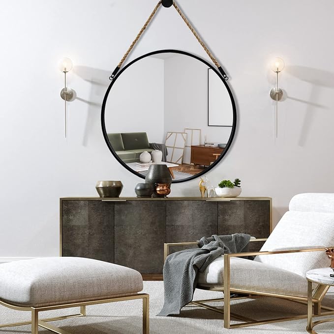 POZINO 30 Inch Large Round Hanging Mirror with Black Metal Frame | Circle HD Mirror with Jute Rope, Anti-Rust, Farmhouse Decorative Wall Mirror for Entryway, Living Room, Fireplace, Bathroom