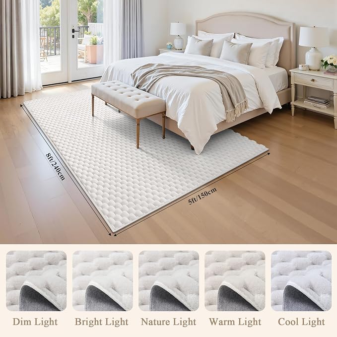 5x8 Area Rug for Living Room, White Washable 3D Bubble Bedroom Rug | Non Slip High Low Pile Hexagon Floor Mat for Dorm, Modern Soft Fluffy Carpet for Dining Room, Office and Nursery