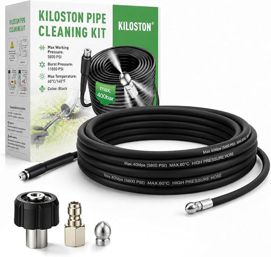 50FT Sewer Jetter Kit for Pressure Washer, 5800 PSI/400 Bar Drain Cleaning Hose, Slim Flexible Hose with Penetration Jet Nozzle for Narrow Pipes, Bends and Clogged Drains