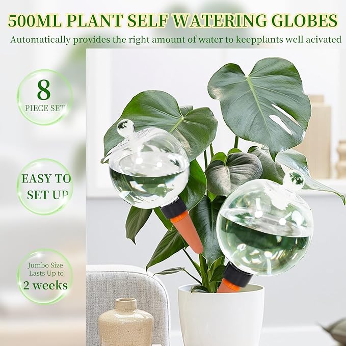 8pcs Plant Self Watering Globes with Covers, Plastic Water Bulbs Top Fill, Plant Watering Devices System Slow Release Terracotta, Water Spikes Stakes for Indoor
