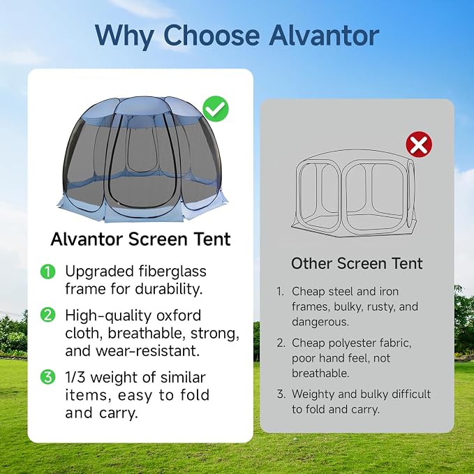 Alvantor Pop Up Screen House Tent, Instant Outdoor Gazebo with Mosquito Netting & UPF 50+ Sun Protection, Portable Canopy Shelter for Patio, Backyard, Camping (2-10 Person)