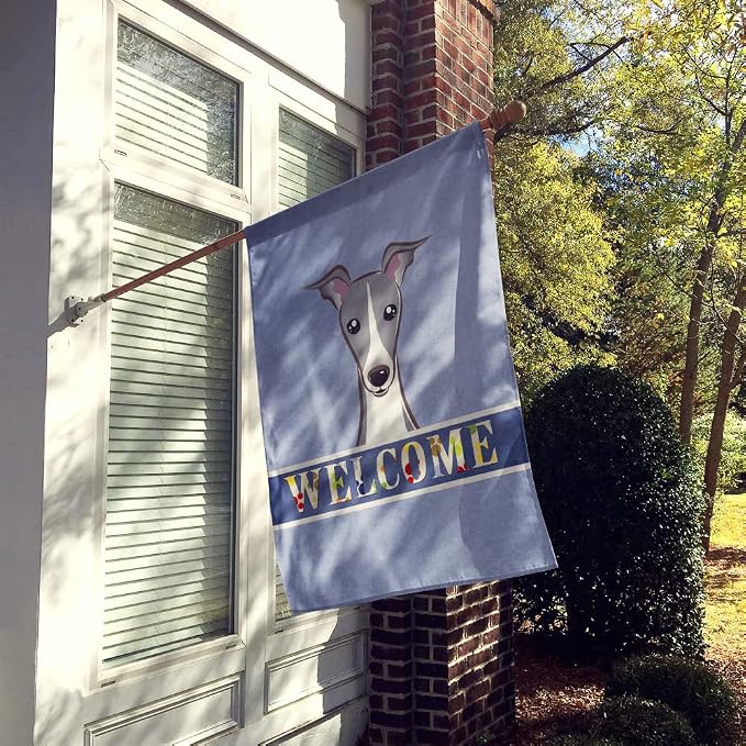 Caroline's Treasures BB1422CHF Italian Greyhound Welcome House Flag, Blue Large Porch Sleeve Pole Decorative Outside Yard Banner Artwork Wall Hanging, Polyester, House Size, Multicolor