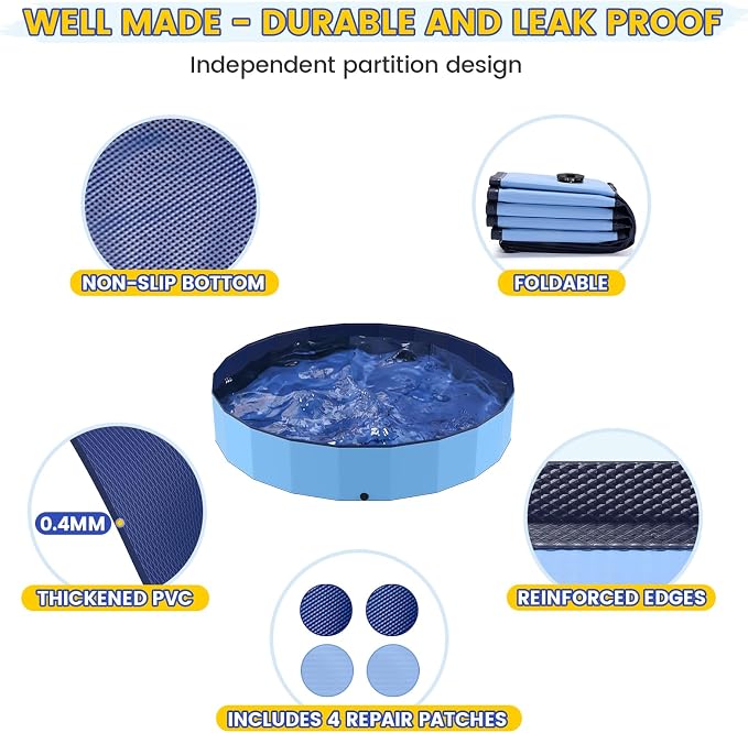 PETOCAT Foldable Pool for Dog and Kids 57" Washing Portable Plastic Tub for Large Dog, Non-Slip Collapsible Kiddie Swimming Wading Pool for Toddler Age 3-5 Outdoor Backyard