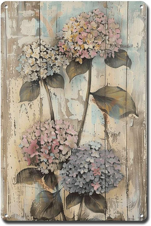 Metal Sign Tin Sign Vintage Wall Art Shabby Chic Hydrangea Tin Sign for Opulent Nature Art Vintage Wall Displays and Distressed Wood P Funny Garden Signs for Home Decor 8×12 Inches