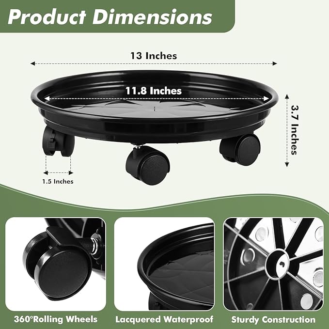 12 Packs Plant Caddy with Wheels 11.8" Plastic Rolling Plant Dolly Coasters Heavy-duty Wheeled Planter Mover Rollers Indoor Outdoor Wheeled Flower Pot Base Suacers with Casters, Black