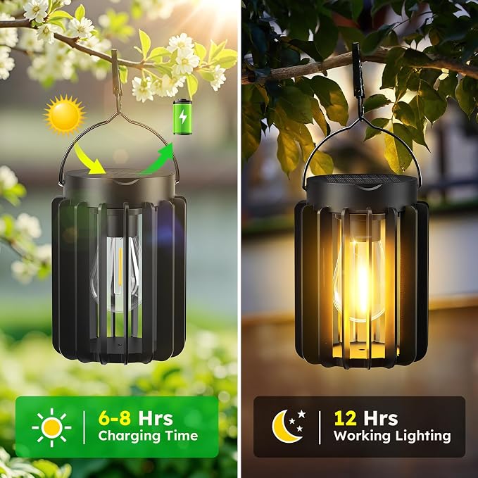Ahaorigin Solar Lanterns Outdoor Waterproof, Brighter Up to 12 Hrs Outdoor Hanging Solar Lights, Outside Hanging Lanterns for Garden Porch Patio Yard Decor, Gifts for Women Mom Father Black, 4 Pack