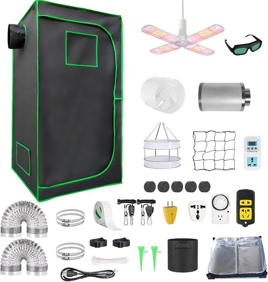 Grow Tent Kit Complete 2.7x2.7 ft High Reflective Mylar Hydroponics Indoor Plant Growing Tent with LED Grow Light Ventilaion Fan Growing System+Accesseries (32" x 32" x 63" + Carbon Filter)