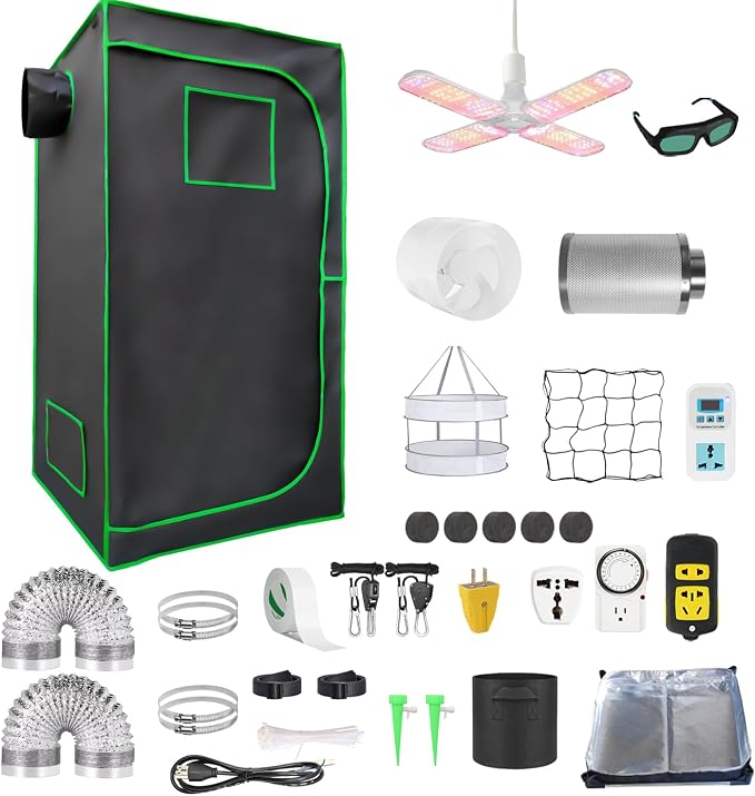 Grow Tent Kit Complete 2x2 ft High Reflective Mylar Hydroponics Indoor Plant Growing Tent with LED Grow Light Ventilaion Fan Growing System+Accesseries (24" x 24" x 55" + Carbon Filter)