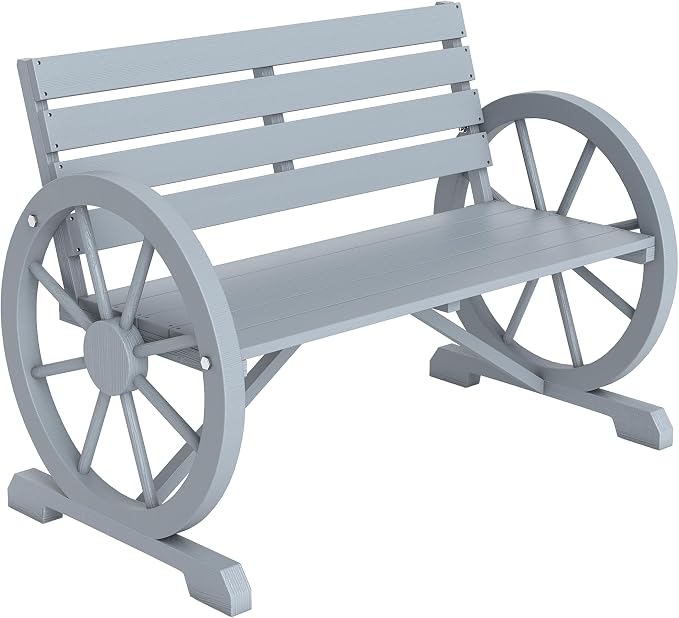 Outsunny 41" Wooden Wagon Wheel Bench, Rustic Outdoor Patio Weather Resistance Furniture, 2-Person Slatted Seat with Backrest, Light Gray