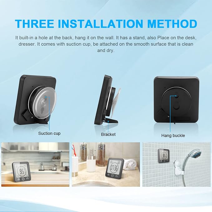 Digital Bathroom Shower LCD Wall Clock with Suction, Waterproof Temperature Humidity Gauge, Touch Screen Timer, Large Countdown Timer (Black)