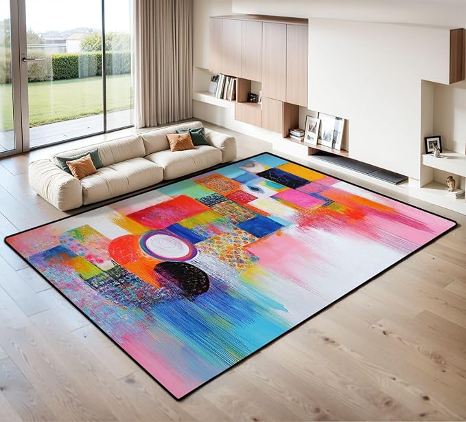 9x12 Area Rugs for Living Room Abstract Orange Pink Colorful Yellow Blue Red Texture Bold Strokes Washable Large Area Rug for Bedroom Non Slip Outdoor Carpets Soft Mats Kitchen Home Office Decor