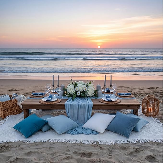 Moukeren 10 Pcs 71''x102'' Extra Large White Outdoor Boho Picnic Blanket with Table Runner and 8 Throw Pillow Covers Oversized Washable Portable Beach Blanket for Picnic Camp Lawn Wedding