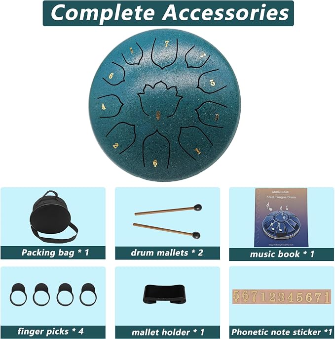 Rain Drum for Outside Garden, 8-Inch Steel Tongue Drum with 11 Notes, Percussion Instrument, Includes Packing Bag, Music Book, and Mallets, Ideal for Meditation, Yoga, and Relaxation