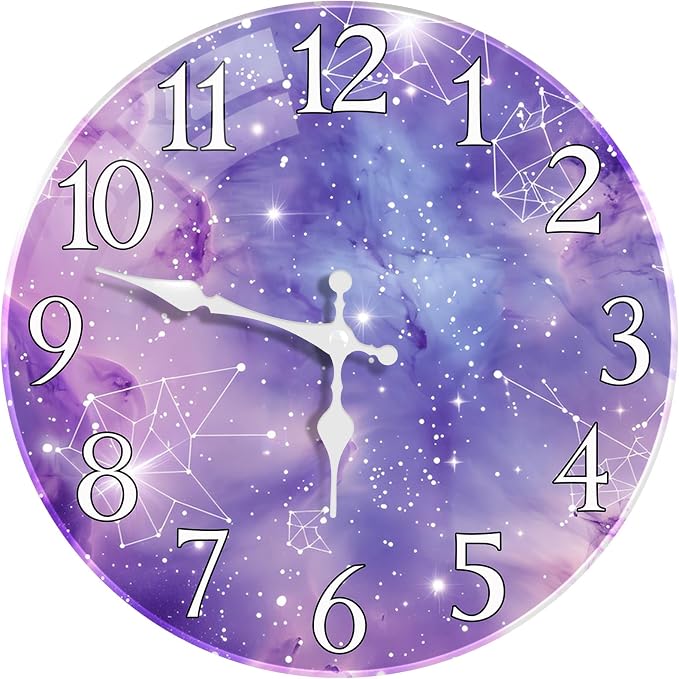 Britimes Round Purple Wall Clock Silent Non-Ticking Battery Operated Glass Decorative Outdoor Waterproof Clock 12 Inch, Galaxy Constellation Home Decor for Living Room, Kitchen, Bathroom, and Bedroom