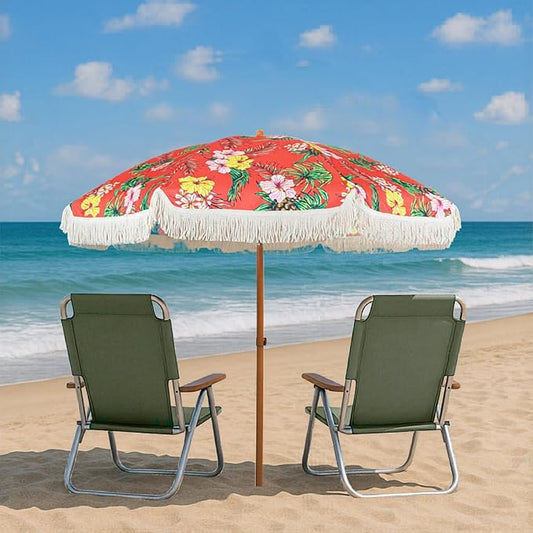 6 Ft Fringe Patio Umbrella - Outdoor Umbrella for Patio, Pool, Table, Garden, Deck, Beach, and Outdoors - Fashionable Boho Vintage Tassels & Wood Print - Push Button Tilt Pole