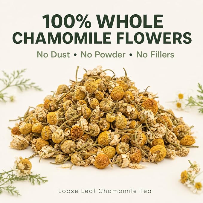 J Mac Botanicals Organic Chamomile Flowers (4 oz) – Whole Egyptian Chamomile Loose Leaf Herbal Tea, Caffeine-Free, Premium Dried Chamomile Flowers for Tea, Baths & Blends