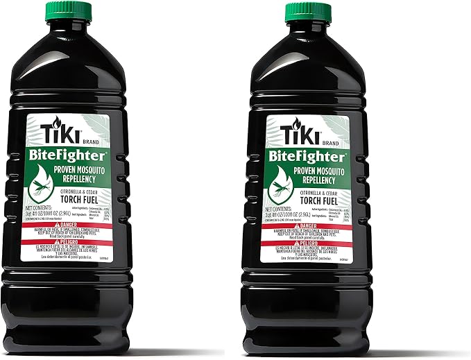TIKI BiteFighter® Mosquito Repellent Torch Fuel 3/4 Gallon (100 oz.) 2-Pack, Citronella & Cedar Formula for Mosquito Repellency, Easy Pour Bottle, Use with Torches & Table Torches, Outdoor & Backyard