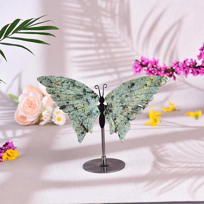 JIC Gem Natural Green Howlite Turquoise Quartz Crystal Butterfly Healing Gemstone Art Wings Carving Craft Ornament with Display Stand Decoration Reiki Chakra Balance (1pair, 10cm)