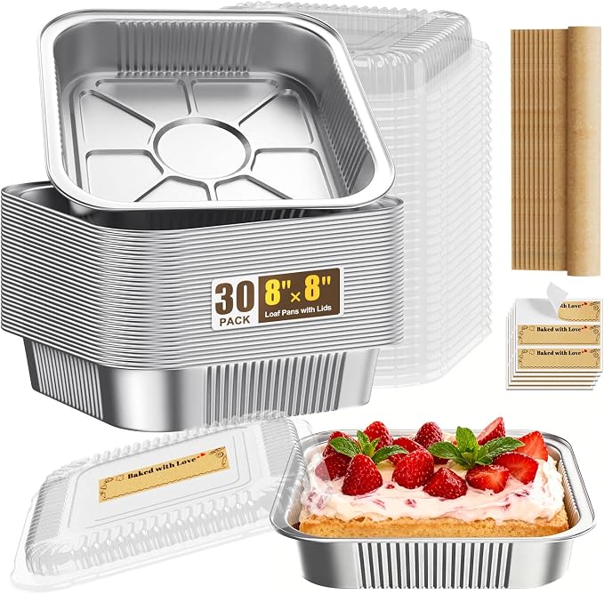 Gyreuni 30 Pack Disposable Aluminum Foil Loaf Pans with Lids Stickers and Parchment Paper Sheets-8" X 8" Disposable Square Baking Cake Pans-Aluminum Foil Tins Portable Food Containers Kit
