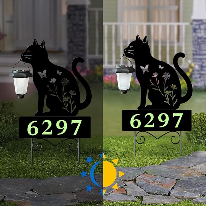 Cat Decorative Garden Stakes Yard Sign -Number with Glow in the Dark be Suited to Garden, Lawn, Outdoor Decor Cats Holding Solar Lantern Decor Stakes