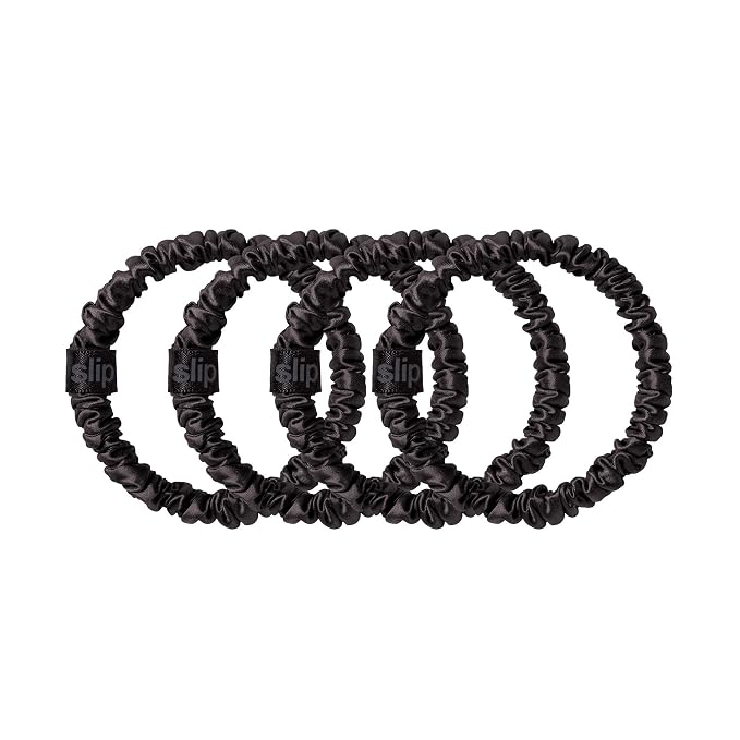 Slip Silk Hair Ties — Skinny Silk Black Scrunchies, No Damage, No Crease, Anti-Breakage |100% Mulberry Silk | All Hair Types | Made with Proprietary Slipsilk™ | Set of 4