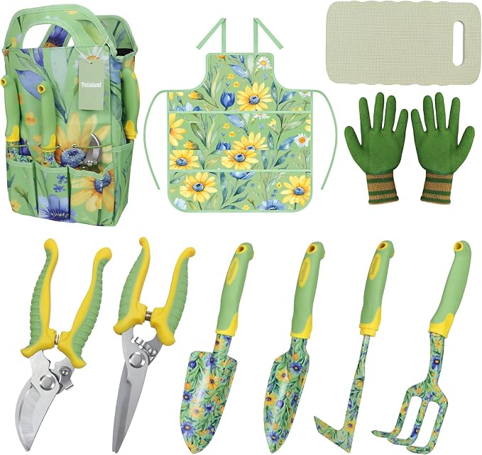 10-Piece Green Garden Tool Set, Patioland Floral Aluminum Gardening Hand Tools W/Ergonomic Handles, Kneeling Pad, Apron, Gloves, Organizer Tote Bag,Complete Garden Supplies Starter Kit Gift for Women