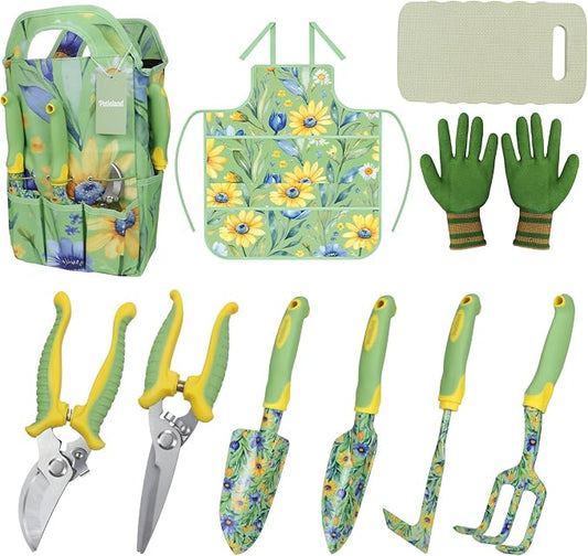 10-Piece Green Garden Tool Set, Patioland Floral Aluminum Gardening Hand Tools W/Ergonomic Handles, Kneeling Pad, Apron, Gloves, Organizer Tote Bag,Complete Garden Supplies Starter Kit Gift for Women