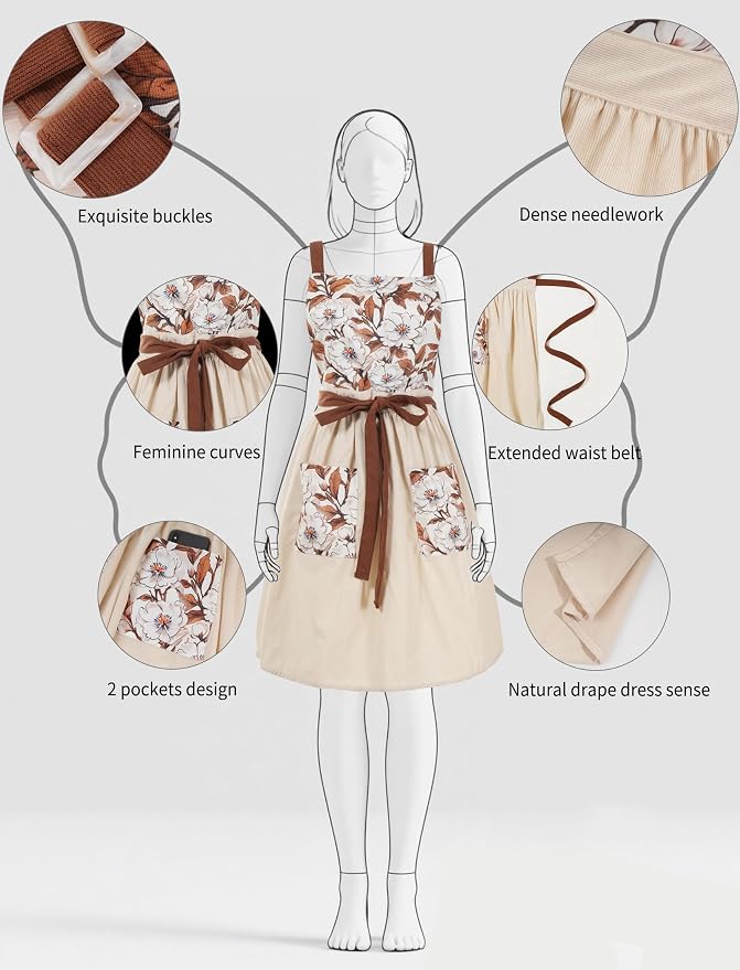 Pinknoke Vintage Pinafore Apron Dress for Women with Pockets Cute Floral Chef Aprons for Kitchen Cooking Baking Gardening