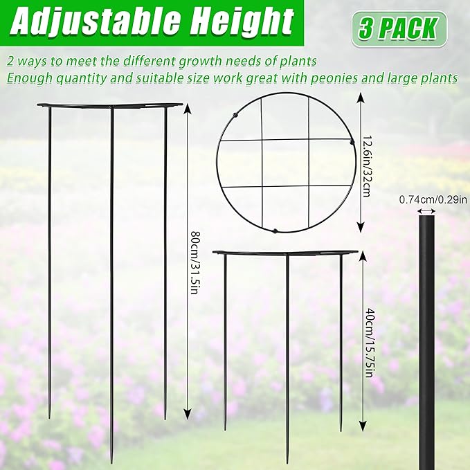 3 Pcs Large Peony Cages and Supports, 31.5"H x 12.6"D Grow Through Plant Support for Outdoor Plants, 7mm Stake Heavy Duty Metal Peonies Support Cage Peony Ring Plant Grid for Vegetables Roses Tomatoes
