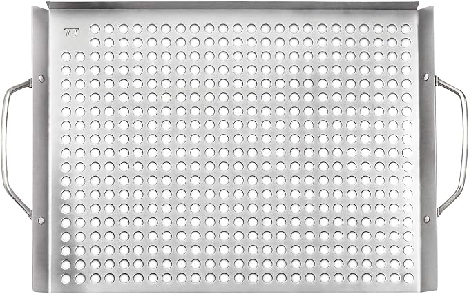 Outset 76632 Stainless Steel Grill Topper Grid, 11"x17" BBQ Tray | Stainless Steel Grill Topper | BBQ Veggie Grill Tray | Easy to Carry | Seafood Grill Tray With Holes | Infuses Flavor