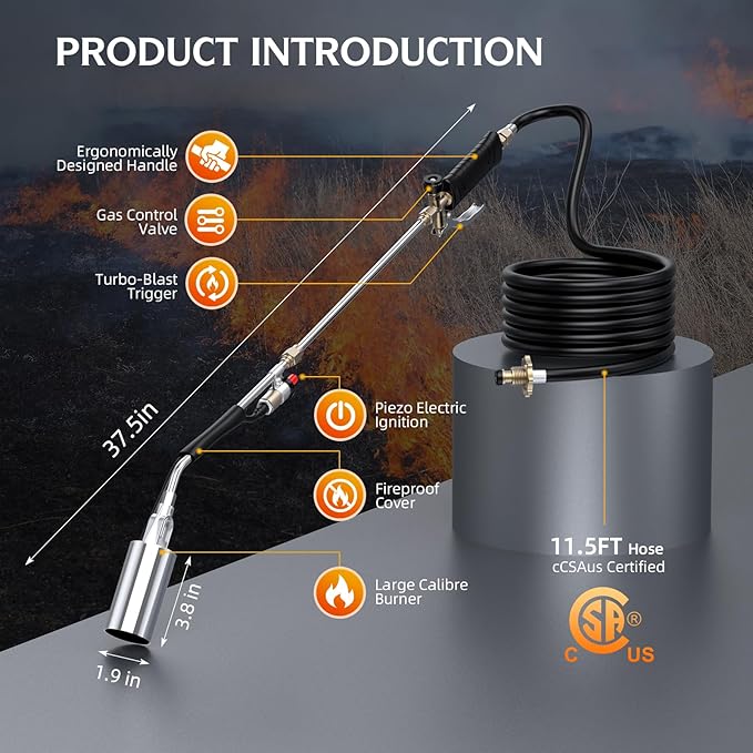 Propane Weed Torch Burner with 11.5FT Hose, Self-Igniting Heavy Duty Flame Weeder with Turbo Trigger, Adjustable Outdoor Torch for Driveway, Garden, Yard, Ice and Snow (Black)