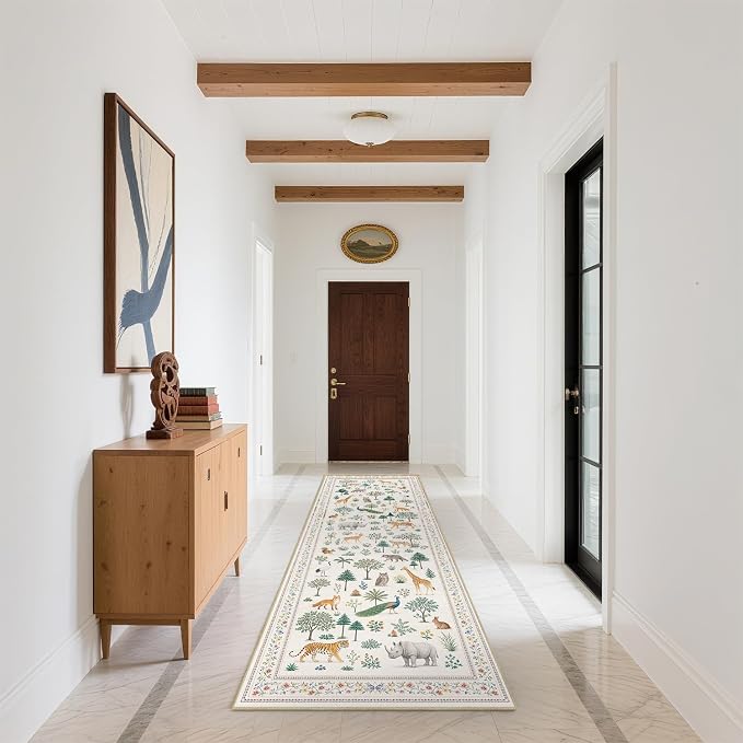 Jungle Animal Runner Rug 2x6 for Hallway Kitchen Bedroom Neutral Beige Wild Animal Forest Runner Rugs Machine Washable Non-Slip Print Low Pile Long Floor Carpet for Nursery Entryway Playroom Bathroom