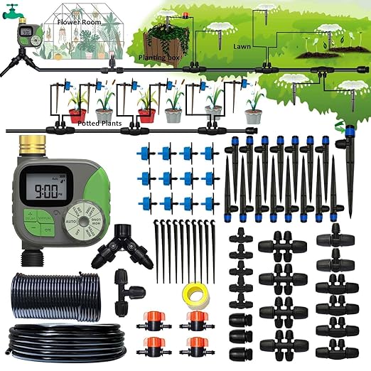 Drip Irrigation System with Water Timer Auto Watering System for Garden 5/16“ID and 1/4 Inch Pipe 162ft Adjustable Spray Kit, for Greenhouse, Garden, Lawn, and for Potted Plants