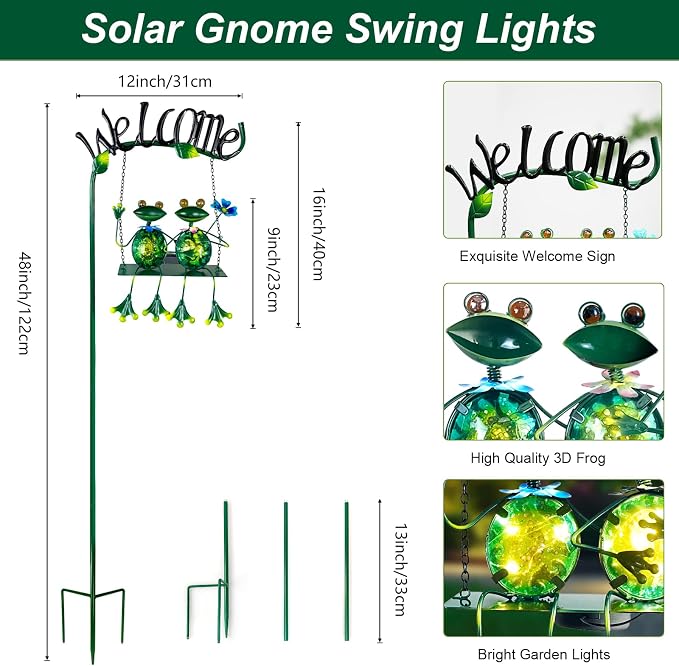 Solar Lights Outdoor Waterproof, Frog Swing Garden Decor, Frog Decorative Stake with Welcome Sign Landscape Patio Yard Gifts for Women Mom (48 inch)
